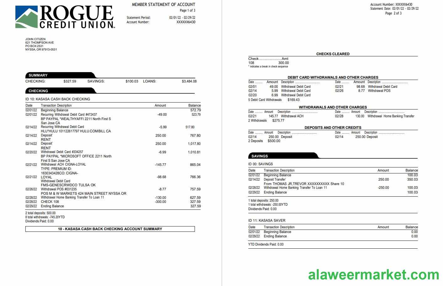 USA Oregon Rogue bank statement 3 pages